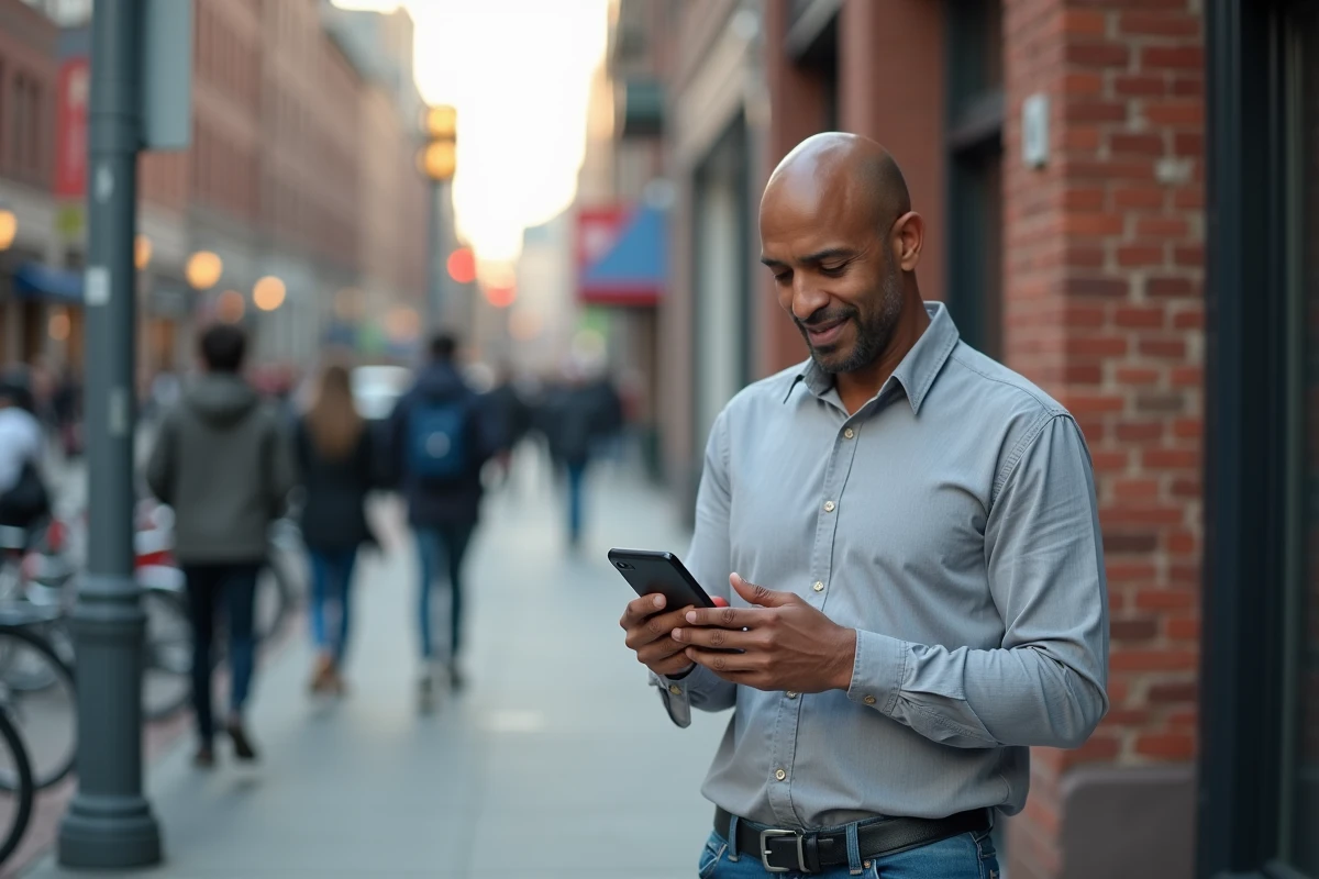 Homme consultant les réglages de connexion extranet ESG sur mobile en extérieur en ville