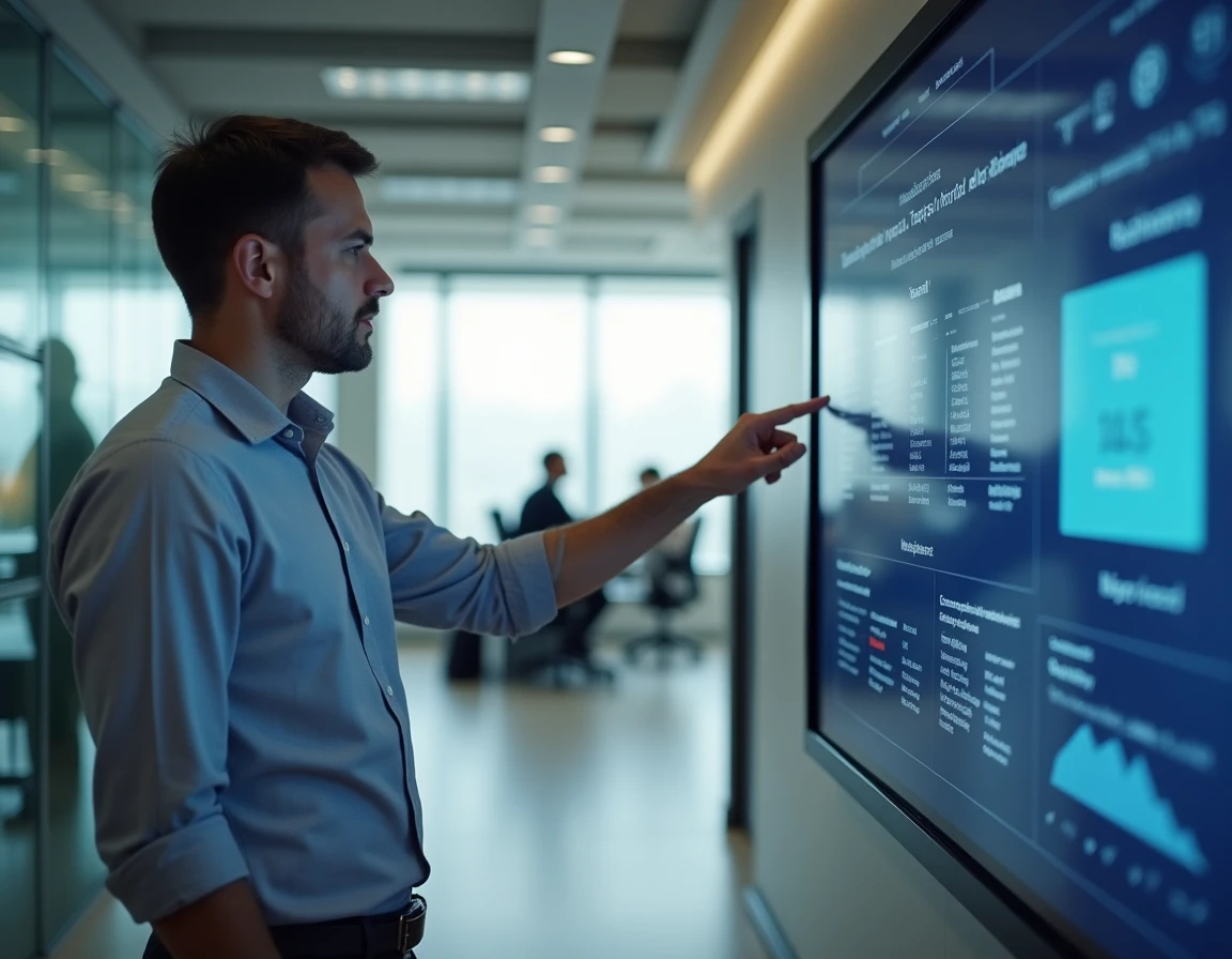 Administrateur universitaire présentant une interface de gestion des services éducatifs Eduservices sur un écran mural