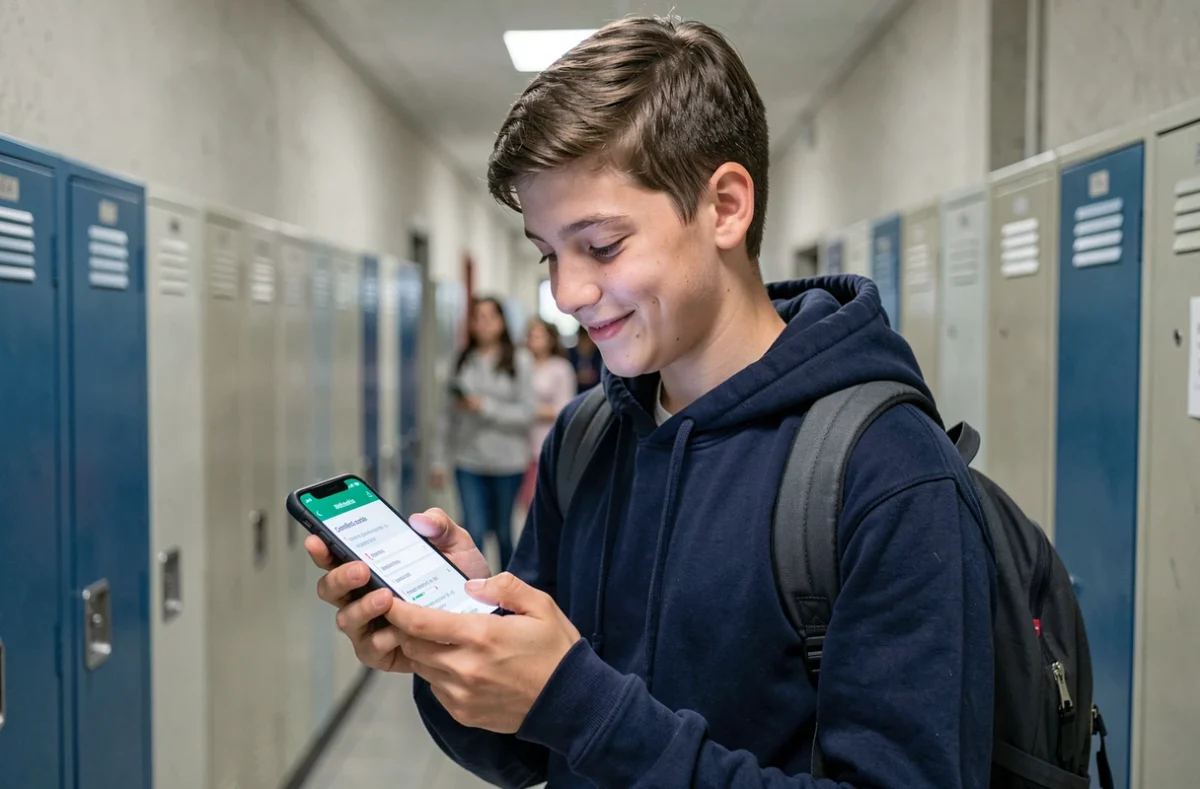 Adolescent consultant une application mobile d'apprentissage de l'espagnol sur le conditionnel présent dans un couloir scolaire