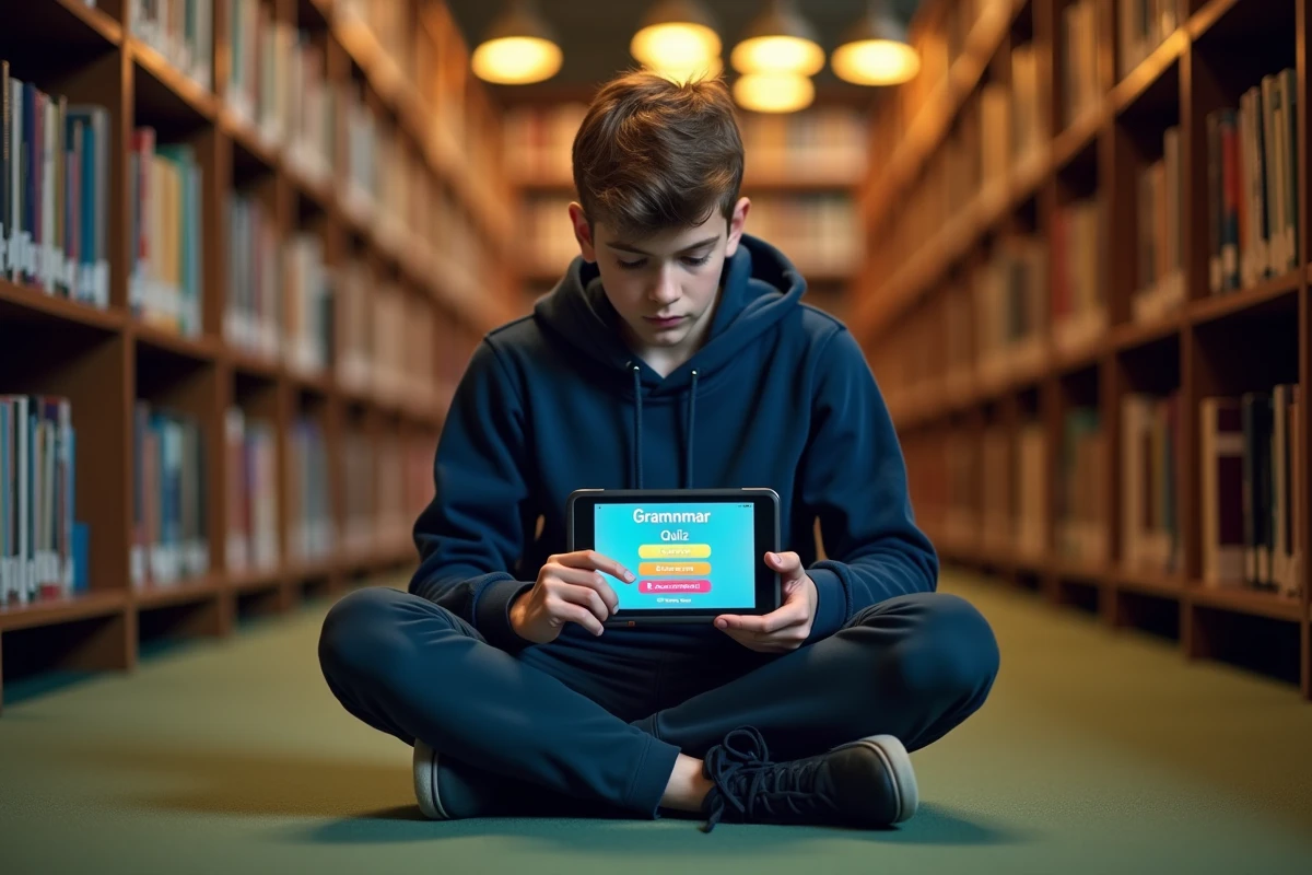 Adolescent utilisant une tablette pour s'exercer aux classes grammaticales de manière autonome dans une bibliothèque scolaire