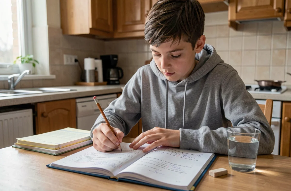 Adolescent qui révise les verbes du deuxième groupe dans un cahier de grammaire française à la maison pour réussir ses dictées