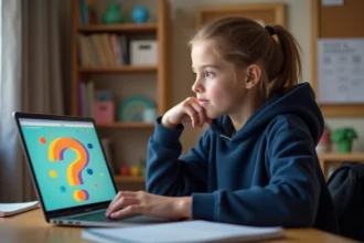 Adolescente utilisant l'interface de Scolaweb sur un ordinateur portable dans sa chambre