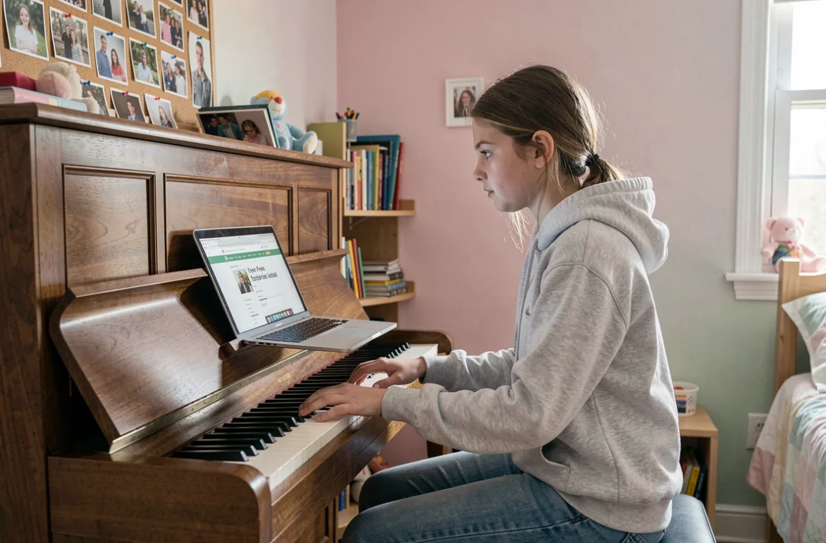 Adolescente apprenant le piano seule en suivant un tutoriel gratuit en ligne depuis son vrai piano