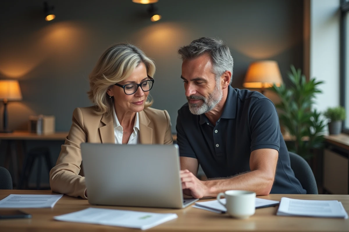 Deux adultes en reconversion professionnelle consultant une plateforme de formation certifiante en ligne dans un espace coworking