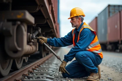 Agent de rail inspectant un wagon en extérieur
