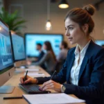Étudiante en alternance marketing digital travaillant sur une campagne numérique dans une agence parisienne moderne