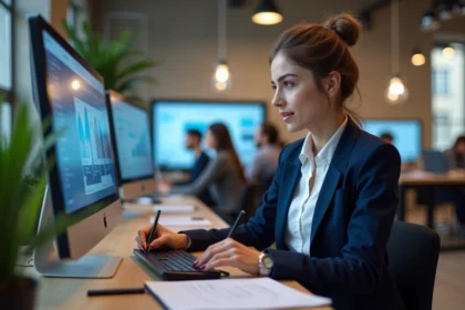 Étudiante en alternance marketing digital travaillant sur une campagne numérique dans une agence parisienne moderne
