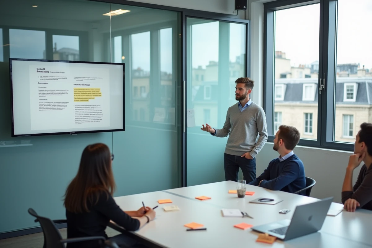 Alternant en marketing digital présentant une stratégie réseaux sociaux lors d'une réunion en entreprise à Paris