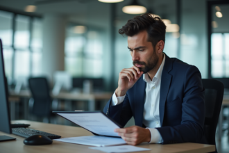 Analyste en bureau vérifiant une checklist dans un espace moderne