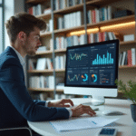 Jeune professionnel analysant des graphiques dans un bureau lumineux