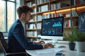 Jeune professionnel analysant des graphiques dans un bureau lumineux
