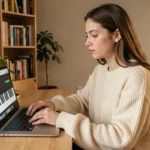Jeune femme apprenant le piano en ligne sur son ordinateur portable dans un appartement cosy