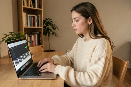Jeune femme apprenant le piano en ligne sur son ordinateur portable dans un appartement cosy