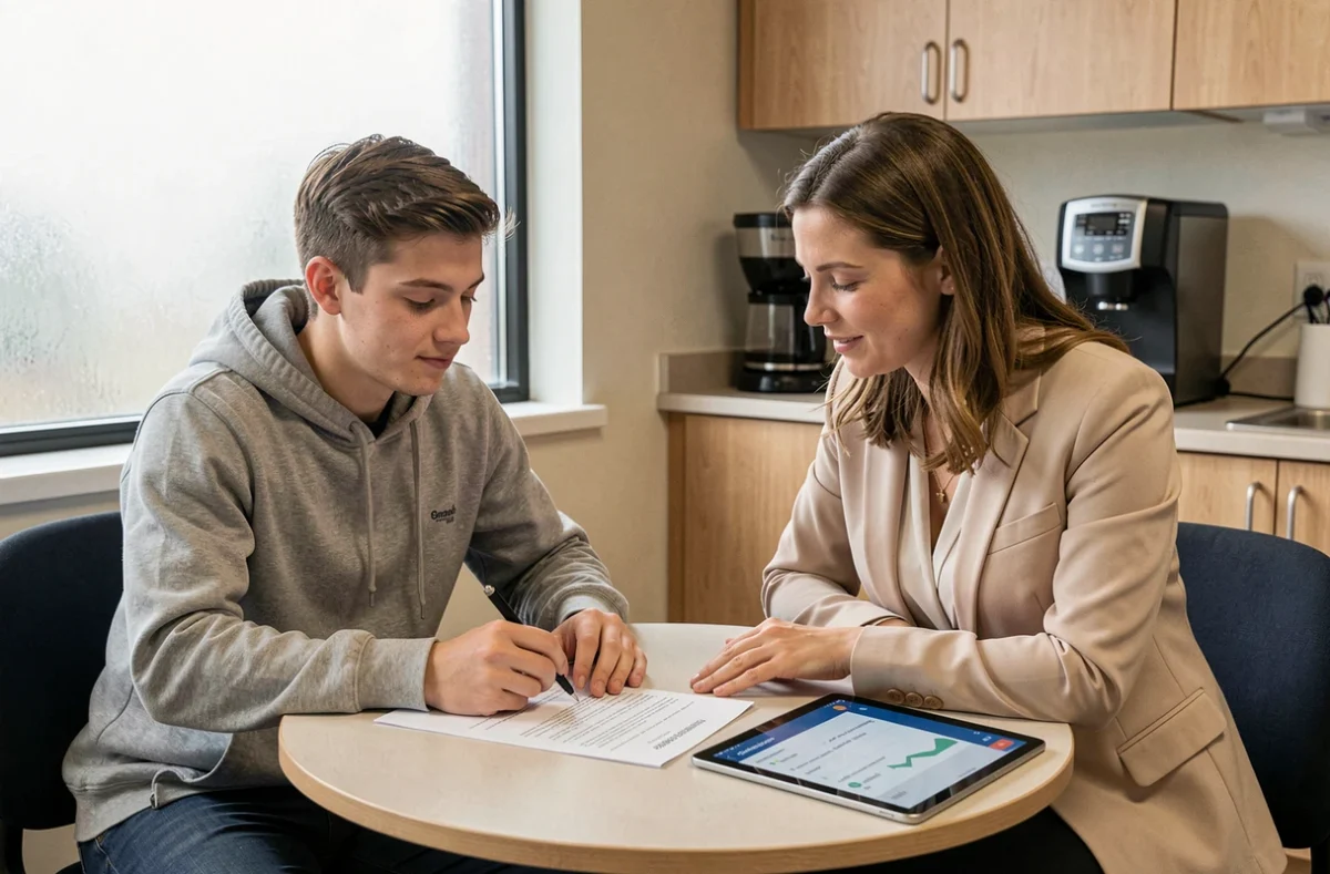 Apprenti et tuteur en entreprise examinant ensemble le suivi de stage sur tablette et document imprimé lors d'une réunion informelle