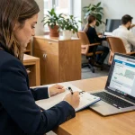 Apprentie remplissant son livret d'apprentissage papier tout en consultant l'interface NetYParéo sur un ordinateur portable en bureau