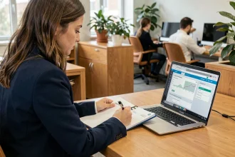 Apprentie remplissant son livret d'apprentissage papier tout en consultant l'interface NetYParéo sur un ordinateur portable en bureau