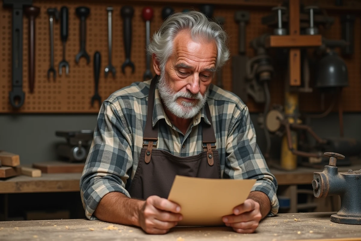 Artisan retraité lisant un document sur le financement CPF de formation bricolage dans son atelier