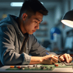 Étudiant assemble des circuits électroniques avec concentration