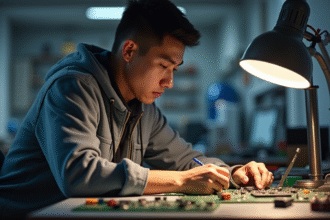 Étudiant assemble des circuits électroniques avec concentration
