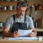 Homme bricoleur consultant des instructions DIY dans un atelier garage bien organisé avec outils et établi en bois