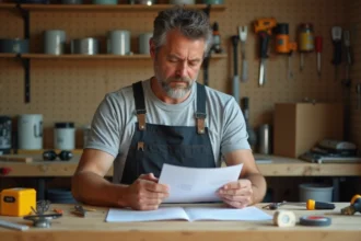 Homme bricoleur consultant des instructions DIY dans un atelier garage bien organisé avec outils et établi en bois