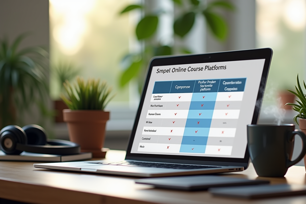 Bureau avec ordinateur affichant un comparatif de plateformes en ligne