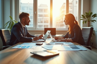 Bureau moderne avec deux professionnels en finances