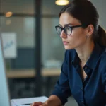 Jeune femme d'affaires française analyse un graphique