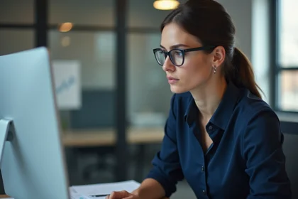 Jeune femme d'affaires française analyse un graphique
