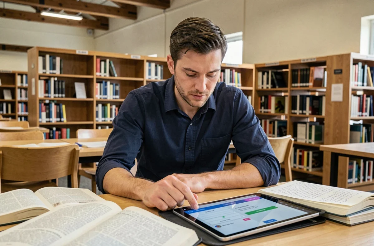 Candidat libre consultant la plateforme Syclade sur tablette dans une bibliothèque pour préparer ses examens 2026