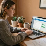 Jeune femme candidate libre inscrite sur Syclade préparant ses examens depuis son bureau à domicile