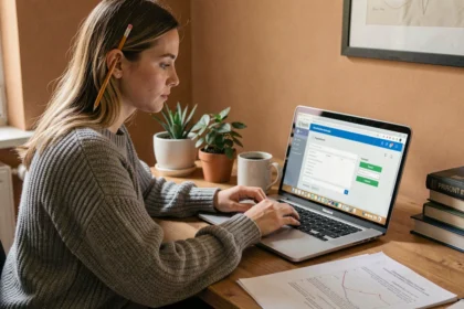 Jeune femme candidate libre inscrite sur Syclade préparant ses examens depuis son bureau à domicile