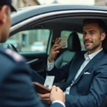 Conducteur vtc en costume présentant sa carte d'identité