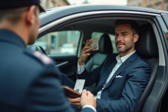 Conducteur vtc en costume présentant sa carte d'identité