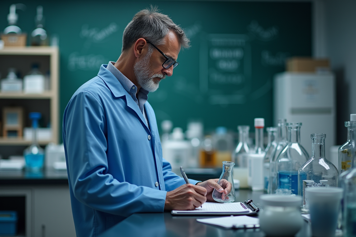 Chercheur en blouse bleue examinant un bécher dans un laboratoire