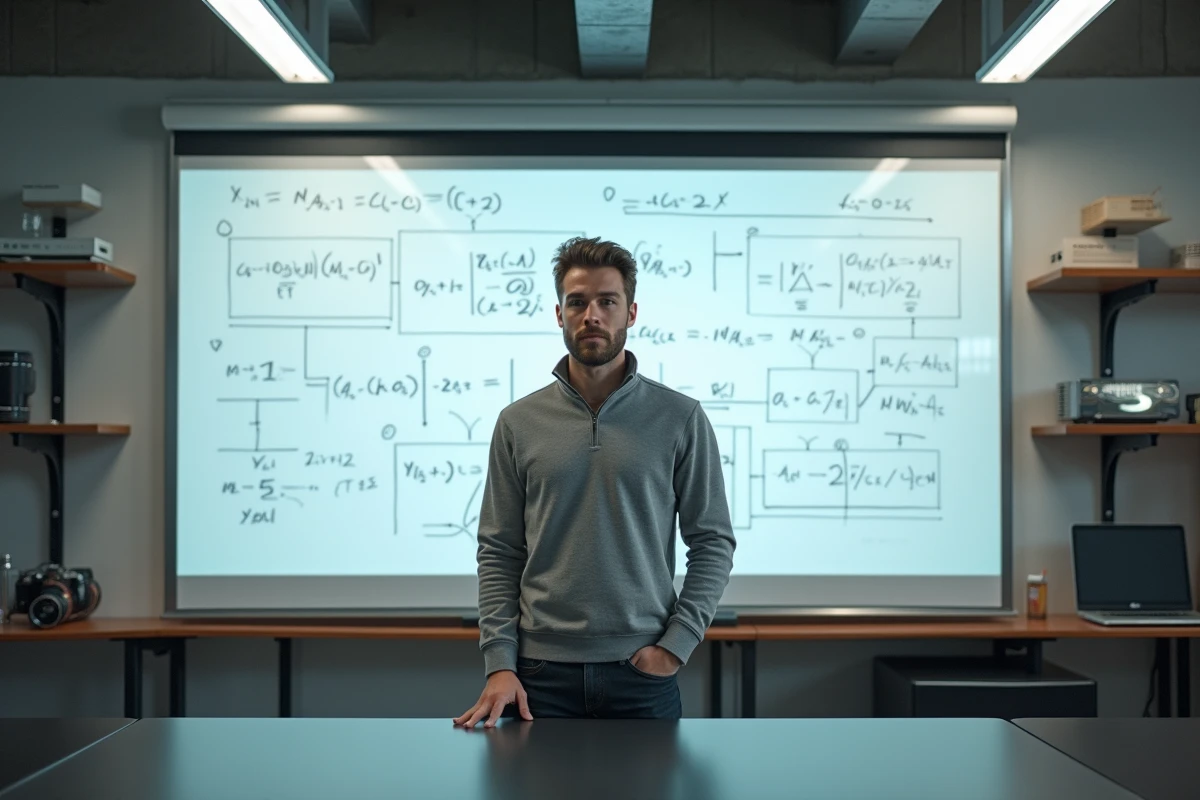 Chercheur ou assistant de cours devant un tableau blanc rempli d'équations dans un laboratoire moderne d'ingénierie universitaire style MIT