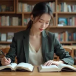 Jeune femme comparant des manuels de japonais et de chinois à son bureau, illustrant le choix entre apprendre le japonais ou le chinois