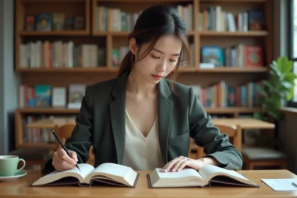 Jeune femme comparant des manuels de japonais et de chinois à son bureau, illustrant le choix entre apprendre le japonais ou le chinois