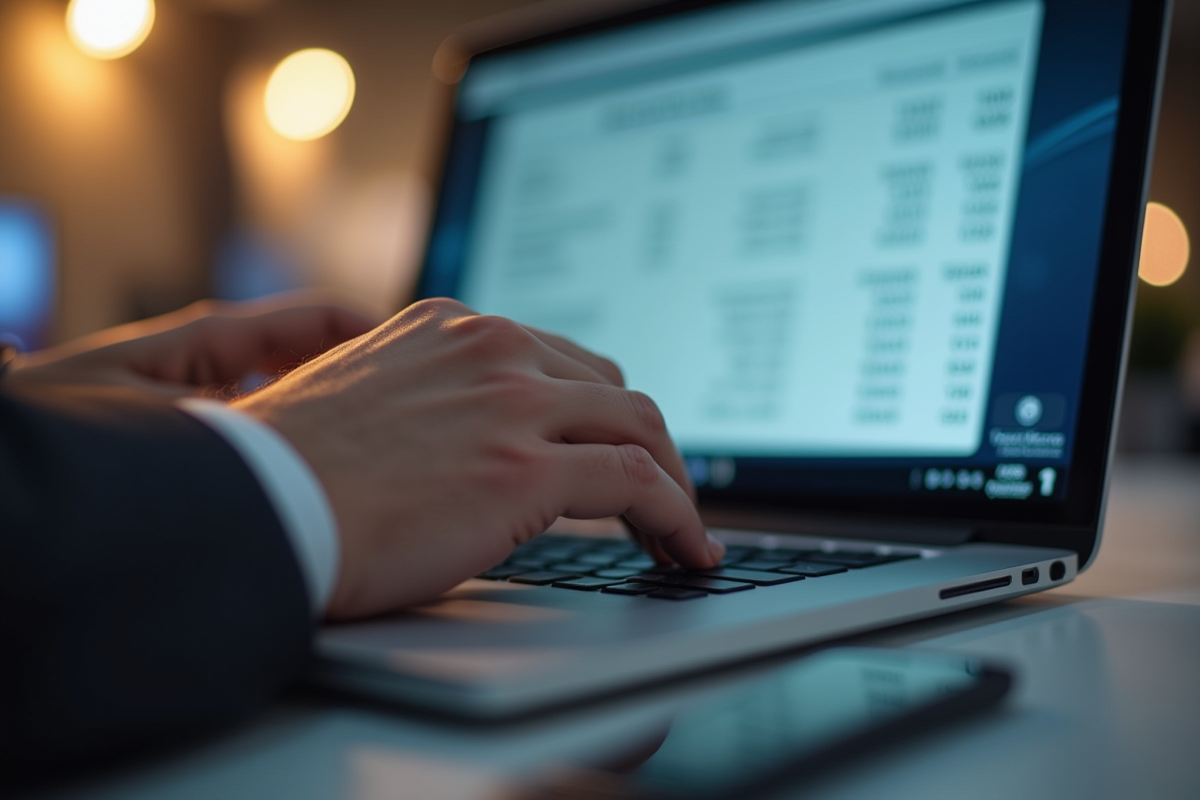 Détails des mains saisissant des informations bancaires sur un ordinateur