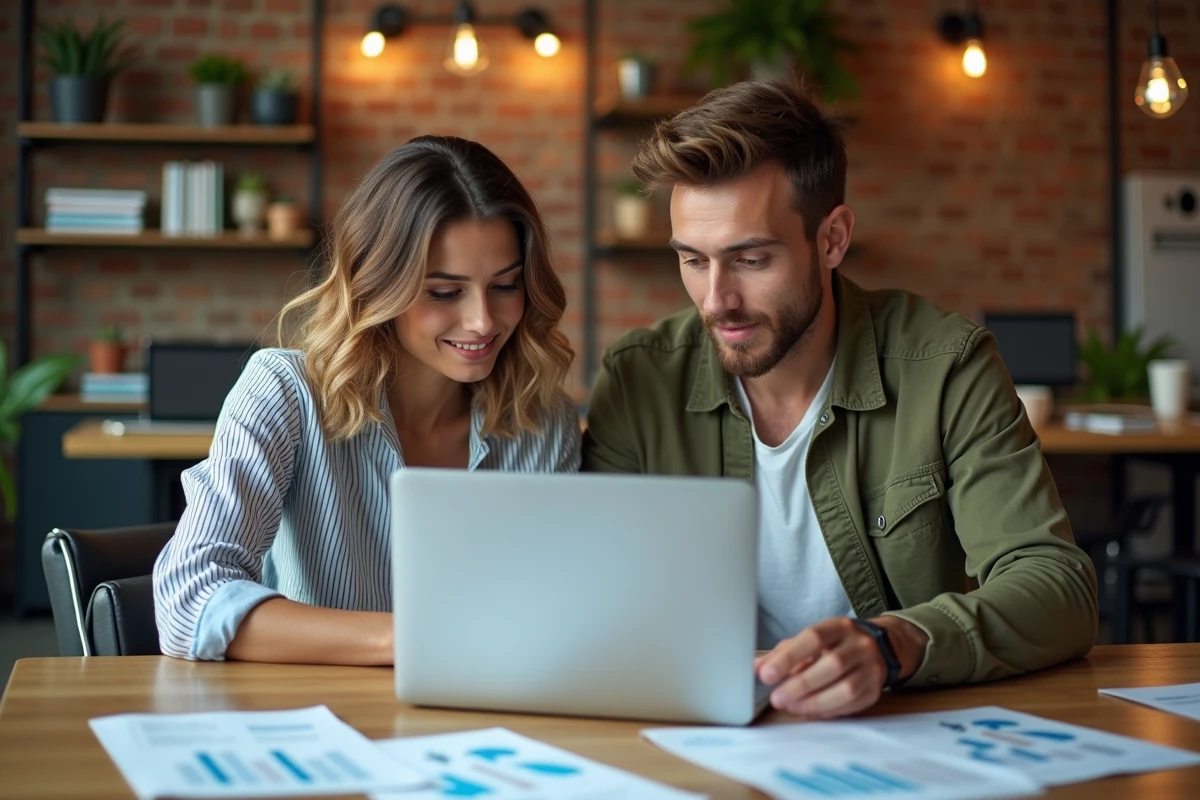 Deux alternants en marketing digital collaborant sur des analyses de performance dans un espace de travail créatif parisien