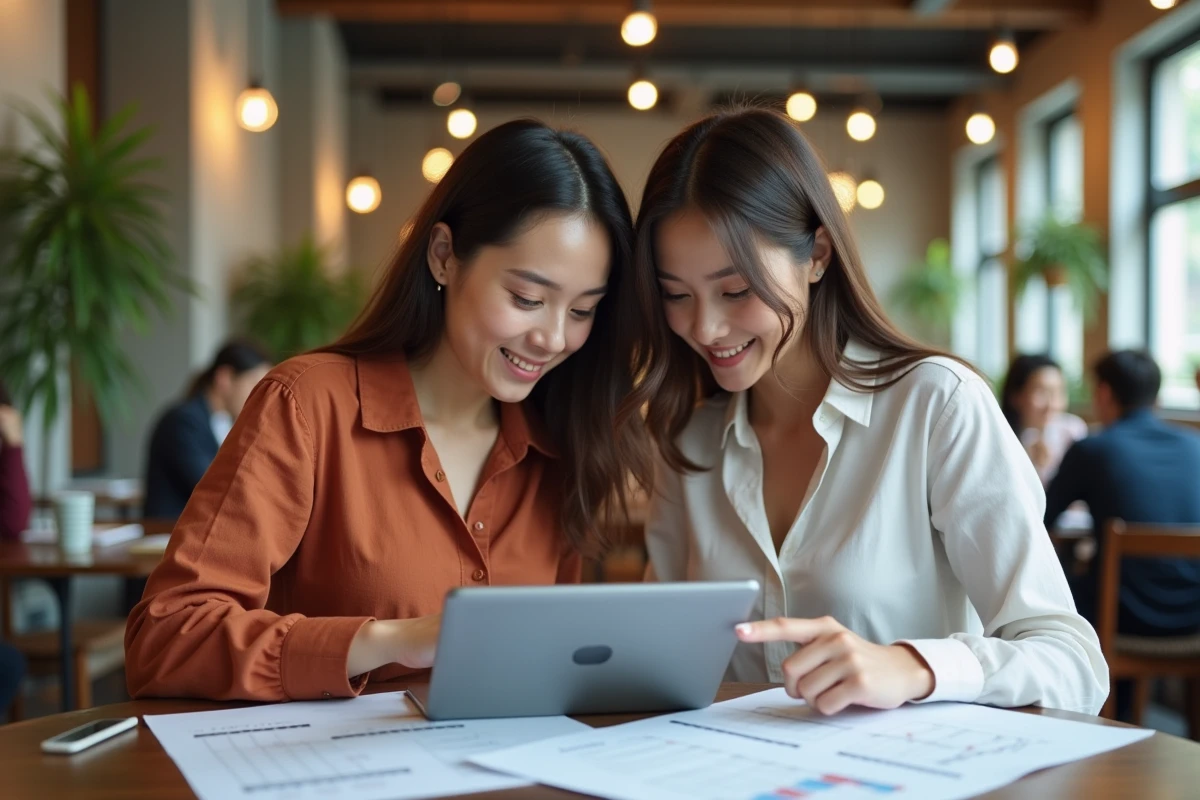 Deux étudiantes collaborant sur un planning numérique et des fiches de projet dans un café universitaire moderne