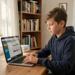 Collégien consultant le portail numérique ENT77 sur son ordinateur portable dans sa chambre