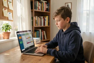 Collégien consultant le portail numérique ENT77 sur son ordinateur portable dans sa chambre