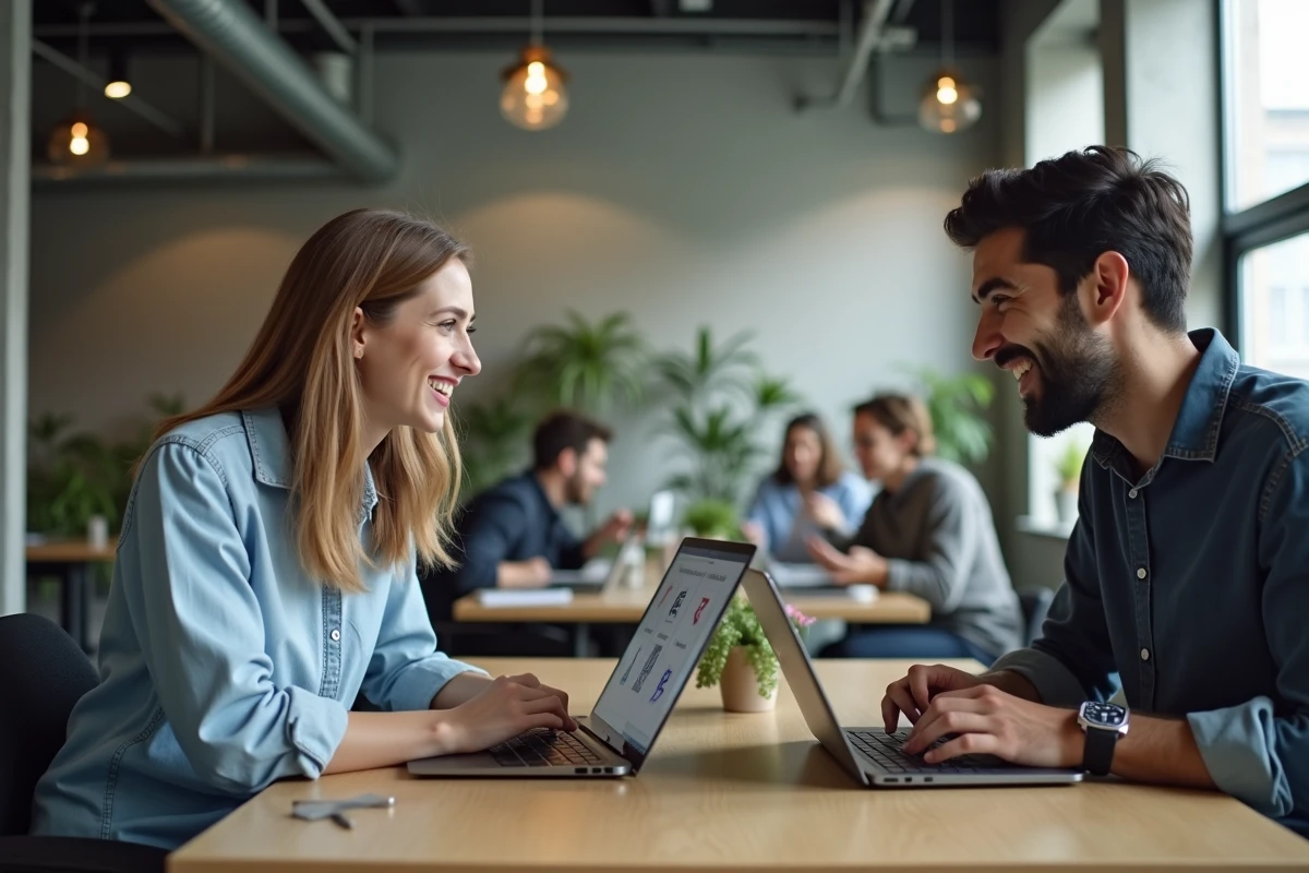 Deux collègues comparant des applications d'apprentissage du japonais et du chinois dans un espace de coworking moderne, représentant les choix professionnels et culturels entre les deux langues