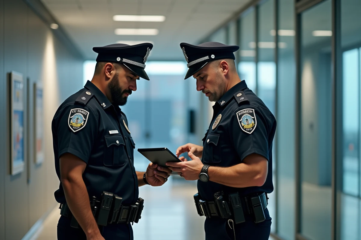 Deux policiers comparant les plateformes ECampus Police et e-formation ENSP sur une tablette dans un couloir institutionnel
