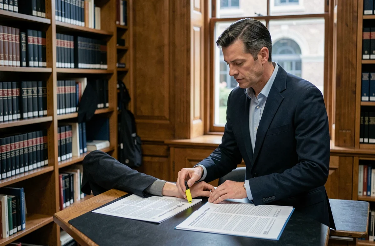 Homme comparant deux fiches d'arrêt juridiques dans une bibliothèque universitaire de droit