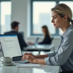 Femme configurant Outlook sur un ordinateur portable dans un bureau moderne