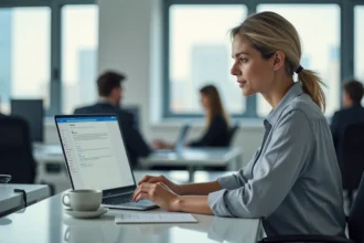 Femme configurant Outlook sur un ordinateur portable dans un bureau moderne