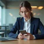 Femme professionnelle configurant l'accès extranet ESG sur son smartphone dans un bureau moderne