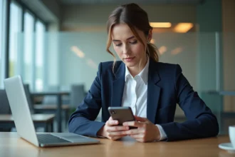 Femme professionnelle configurant l'accès extranet ESG sur son smartphone dans un bureau moderne